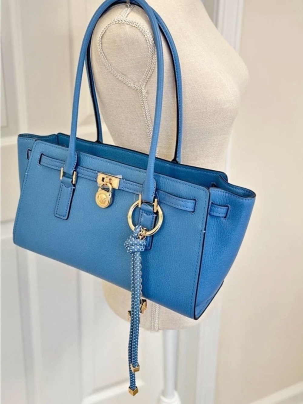 Michael Kors Bright Blue Hamilton Moderne Leather Shoulder Tote Gold Accents